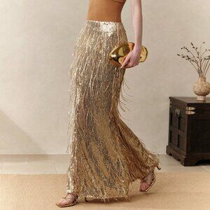 Gold Party Women's Sequin Fringe Mermaid maxi skirt
